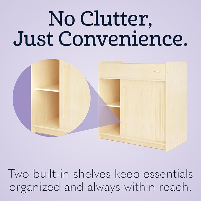 Foundations SafeGlide Daycare Changing Table, Durable Wood Construction, Built-in Shelving for Ample Storage, Gliding Doors, Adjustable Safety Strap, Includes Foam Mattress Pad (Natural)