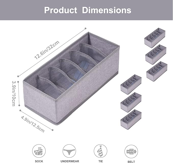 Qozary 6 Pack Sock Underwear Drawer Organizer Dividers, Collapsible Cabinet Closet Storage Boxes for Clothes, Socks, Lingerie, Underwear, Tie, Belt, Baby, Bedroom