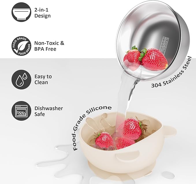 Stainless Steel Baby Bowls with Suction, 2-in-1 Toddlers Bowl & Removable Silicone Suction Kids Bowl, Non Toxic Snack Container for Baby Food Feeding, Soft Blue/Sage/Lavender/Cream Set of 4