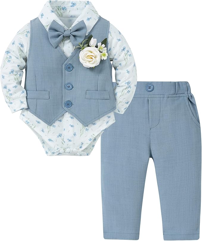 Coco&RARA Baby Boy Clothes Suits Infant Gentleman Outfits, Formal Dress Shirt+Vest+Corsage+tie+Pants Baby Suit Set 0-18M