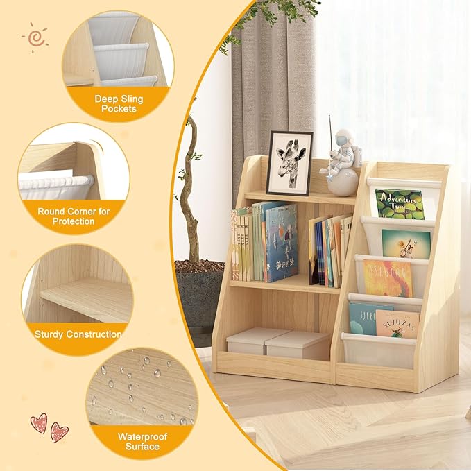 White 3 Tier Kids Bookshelf Toddler Book Rack for Book Toy Storage Organizer Children Bookcase 4 Sling Adjustable Book Display Shelf for Nursery Playroom Kids Baby Bedroom