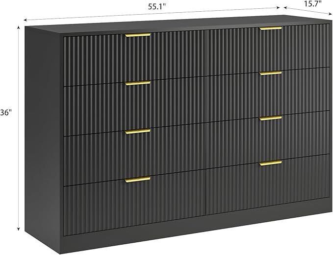 8 Drawer Dresser for Bedroom, Modern Fluted Double Dresser, 55" Wide Chest of Dressers, Wooden Beside Table for Closet, Living Room and Entryway, Black