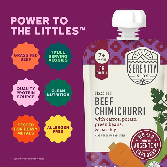 Serenity Kids 7+ Months Beef Chimichurri Baby Food Pouches - 3.5 Oz, Pack of 6 - Nutrient-Packed Puree with Organic Veggies - 5g Protein Pouch for Growth & Baby Essentials - Toddler Food Puree