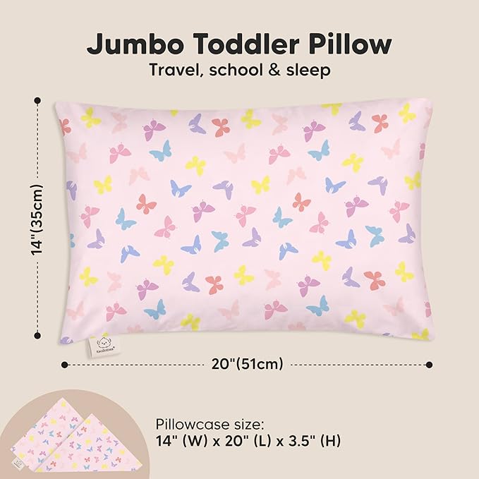 KeaBabies Toddler Pillow with Pillowcase, Jumbo 14X20 - Soft Organic Cotton Toddler Pillows for Sleeping - Machine Washable - Perfect for Travel, Toddler Bed Set (Flutter)