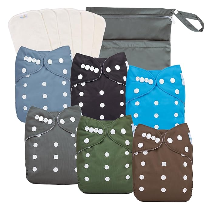 babygoal Baby Boy Cloth Diapers 6 Pack with 6pcs Inserts and Wet Bag, Reusable Waterproof Diaper Covers for Toddlers with Snap Closure