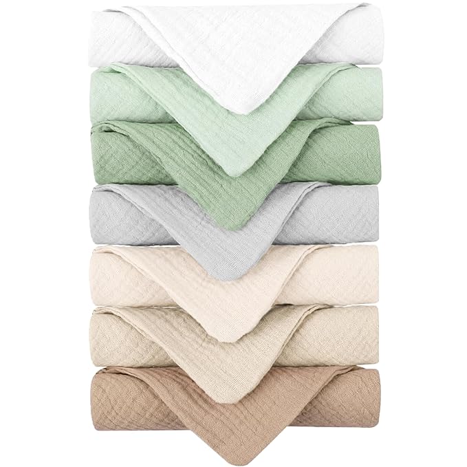 Konssy Baby Muslin Washcloths 7-Pack, 100% Cotton Baby Bath Washcloths, Soft & Absorbent Wash Cloths and Burp Cloths for Newborn Kids Girls & Boys, 11x11 inches