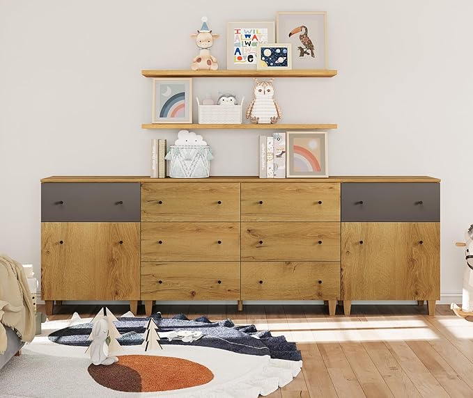 WAMPAT 8 Drawers Dresser Chests for Bedroom, 3-in-1 Modern Oak Brown&Dark Grey Wood Closet Storage Organizer Furniture with Door and Adjustable Shelves for Kids Room, Nursery, 94.4" Wide
