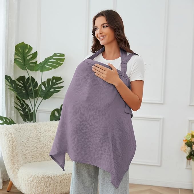 Nursing Cover for Baby Breastfeeding with Rigid Hoop, Breathable Soft 100% Muslin Cotton, Baby Breast Feeding & Pumping Apron (Purple)