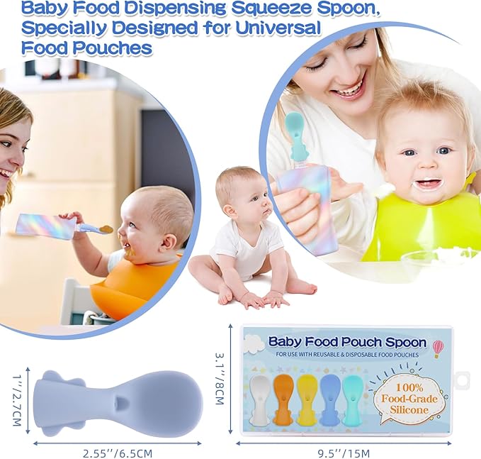 Infant Feeding Essentials & Baby Food Pouches Attachable Toppers: Seamless, Non-Drip Spoons for Baby's Diet, Compatible with Assorted Pouch Forms, Perfect for Infants 3+ Months, Pack of 5