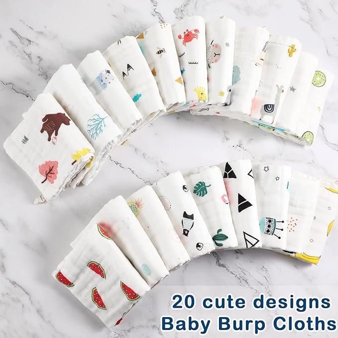 Chumia 20 Pack Muslin Baby Burp Cloths Large 20 x 10 Inches Cotton Baby Burp Rags Towel and Washcloths Face Towels 6 Layers Super Absorbent for Infant Shower,20 Styles