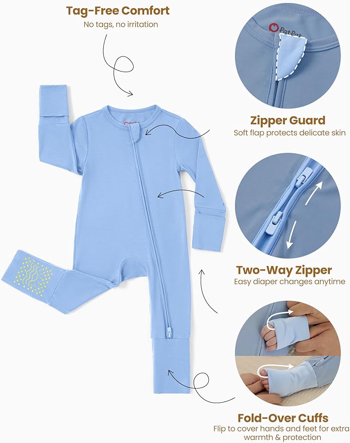 PATPAT Baby Footie Romper with Mittens for Boy and Girl, Anti-Slip & 2-Way Zipper, Long Sleeve, Viscose from Bamboo, Outfit
