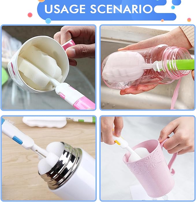 INVODA Cleaning Brush Set, 8PCS Portable Bottle & Nipple Brushes Sponge Material, Soft & Fluffy Texture, Comfortable Grip, Hanging Holes, BPA Free, Ideal for Baby Bottles & Cups