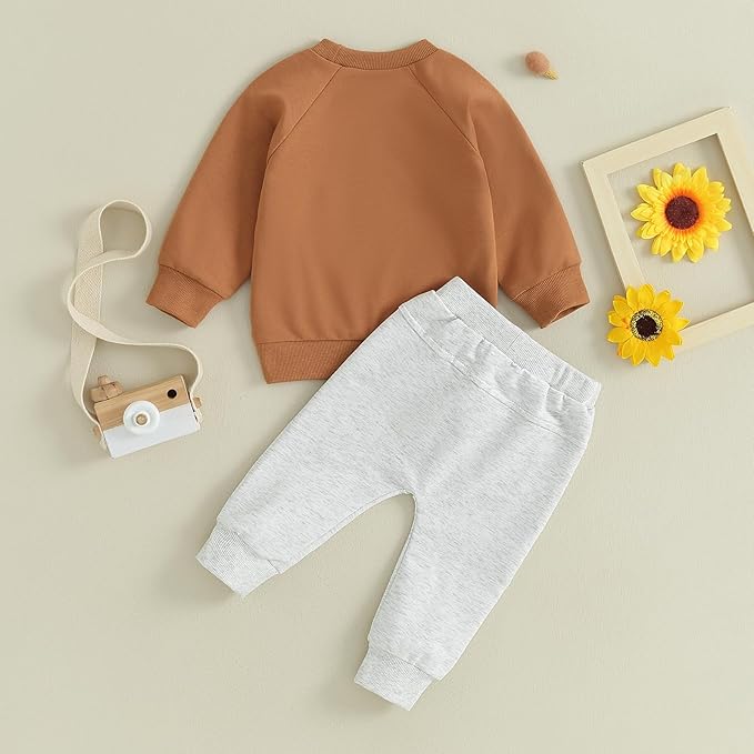 Toddler Baby Boy Clothes Solid Color Long Sleeve Crewneck Sweatshirt Top Casual Pants Set 2Pcs Fall Winter Outfits