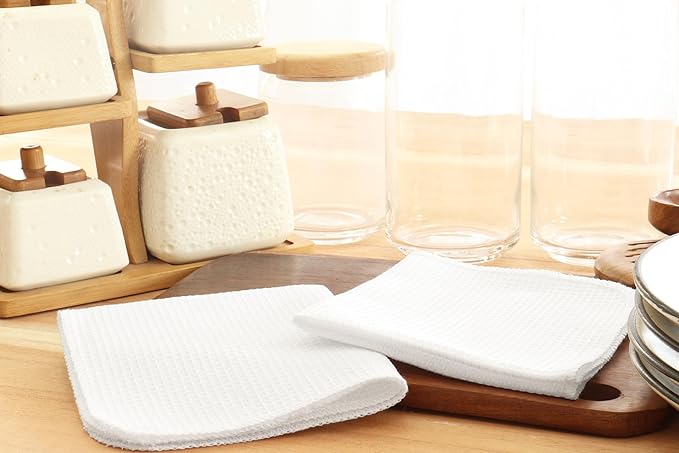 PurpleEssences Dish Cloths and Dish Rags - 6 Pack Waffle Weave Solid Kitchen Dish Wash Cloths, 100% Cotton, 12 x 12 Inches, Ultra Soft Absorbent Quick Drying - Fall Thanksgiving - White