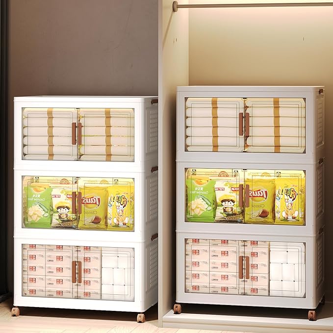 570Qt/140Gal Large Stackable Storage Bins with Lids and Divider, 3Pack Collapsible Drawers with Doors, Foldable Cabinet with Wheels, Plastic Closet Organizers and Containers for Home, Dorm