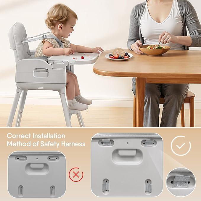3-in-1 Portable Baby High Chair for Babies and Toddlers, Convertible Easy Clean Infant Foldable Highchair with Adjustable Legs & Dishwasher Safe Tray, Grey