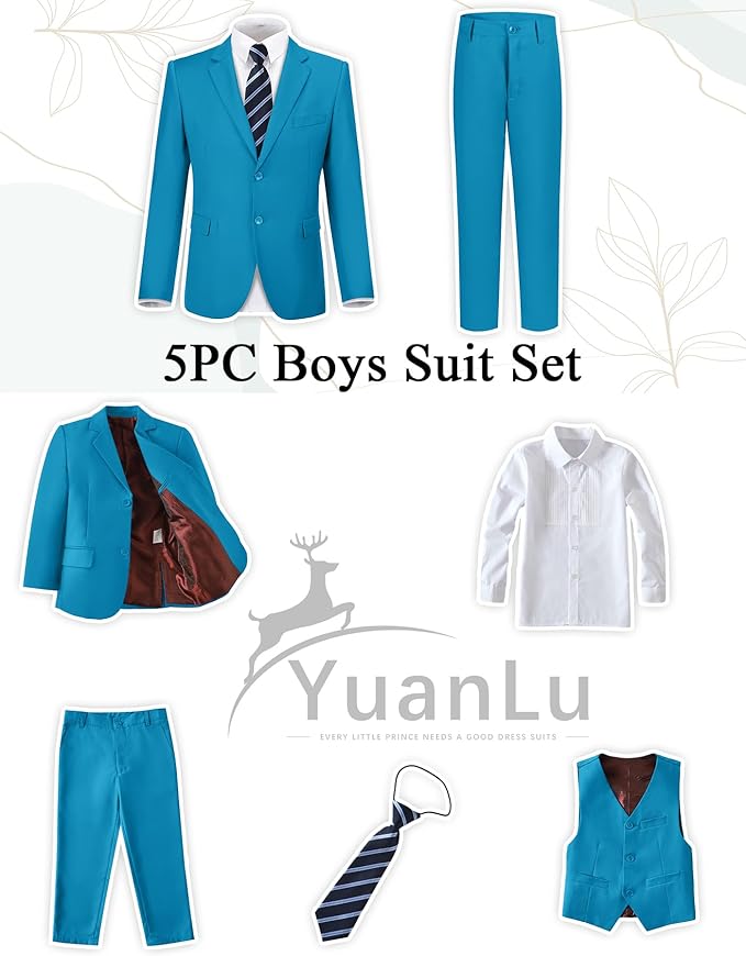 YuanLu Boys Suit for Kids Tuxedo Wedding Ring Bearer Outfit, 5 Piece Boy Slim Fit Formal Suits with Adjustable Waist