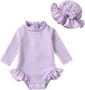 YOUNGER TREE Infant Baby Girls Swimsuit Long Sleeve Swimsuits One Piece Swimsuit Solid Color Bathing Suit with Hat, UPF 50+