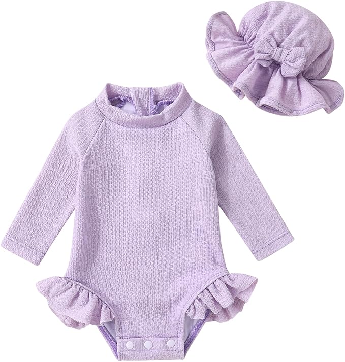YOUNGER TREE Infant Baby Girls Swimsuit Long Sleeve Swimsuits One Piece Swimsuit Solid Color Bathing Suit with Hat, UPF 50+