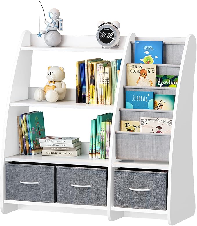 White Kids Bookshelf Wood Toy Storage Organizer Cabinet Children Bookcase Toddler Baby Sling Book Rack 3 Cube Bins Sail Boat Arc Shape for Playroom Bedroom Nursery Classroom