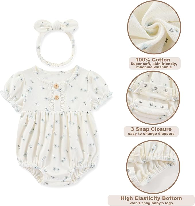 Newborn Baby Girl Clothes Cotton Bubble Romper Floral Short Sleeve Bodysuit 3 Pack