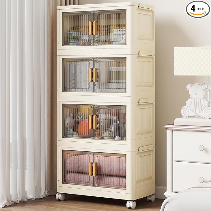 4 Tier Stackable Plastic Storage Bins with Lids 58QT, Collapsible Closet Organizers and Storage with Wheels for Living Room,Office,Dorm