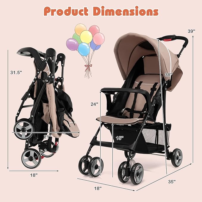 HONEY JOY Travel Stroller, Quick Fold Lightweight Baby Umbrella Stroller for Airplane, Adjustable Canopy & Backrest, Storage Basket, Removable Meal Tray, Compact Stroller Newborn and Toddler(Coffee)