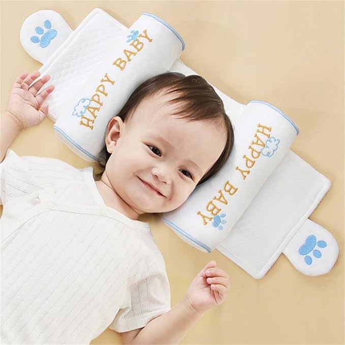 Kariney Baby Pillow, Compariston All-Season Breathable Pillow for Baby Development, Organic Cotton Adjustable Infant Head Cushion (Blue,Rabbit)