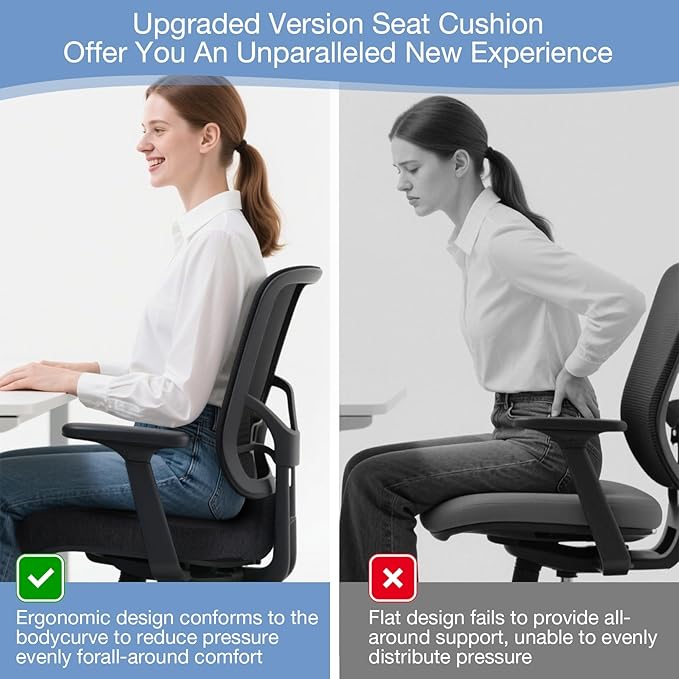 Memory Foam Seat Cushion, Chair Cushion for Office Chair, Car Seat, Relieving Pressure Tailbone Sciatica Back Pain for Long Sitting Office Workers, Car Drivers, Black