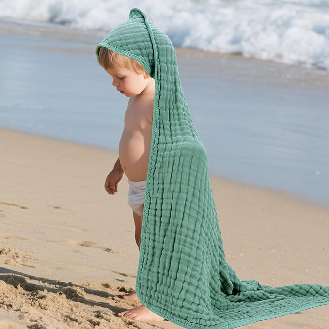 Muslin Hooded Baby Towels 100% Cotton ，Super Soft Muslin Baby Bath Towel - 32 x 32 Inches, Suitable for Newborn and Young Children up to 3 Years Old. (Grey & Green)