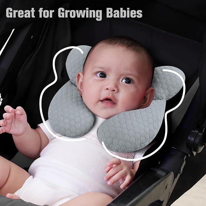 KAKIBLIN Baby Travel Pillow, Upgraded Baby Neck Pillows for Car Seat, Babies Support Pillow, Infant Neck Pillow for Head and Neck, Newborn Head Support for Car Seat,Pushchair (Light Grey)