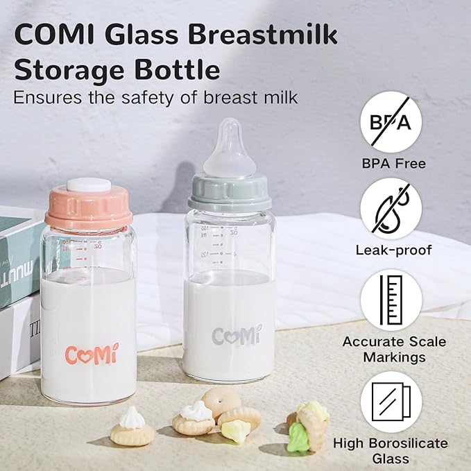 COMI Natural Glass Baby Bottle,Standard Neck Breastmilk Storage Bottle for Fridge,Breast Milk Container,Breast Pump Bottle Compatible with Medela Breast Pump,BPA Free,4PCS (5oz,4 Gray Lids)