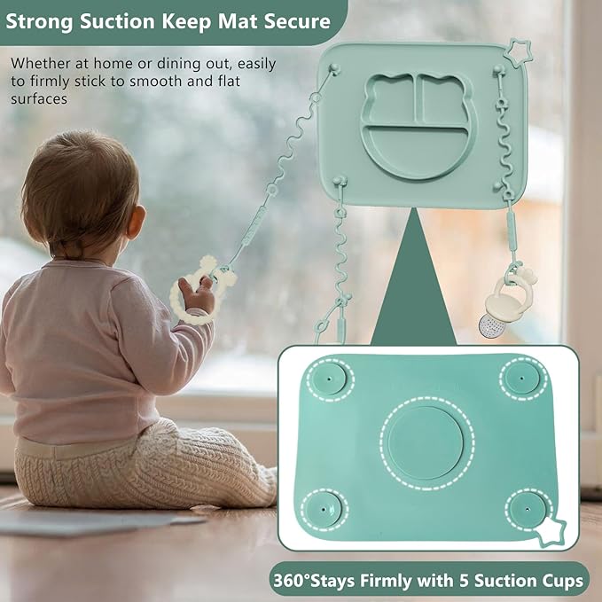 1 Pack Silicone Mat for Babies, Baby Placemat Built-in Suction Base and Equipped 4 Toy Straps & Anti-Peel Design, Activity Mat for Infants to Toddlers, Keeps Babies Essentials Off The Floor,Beige