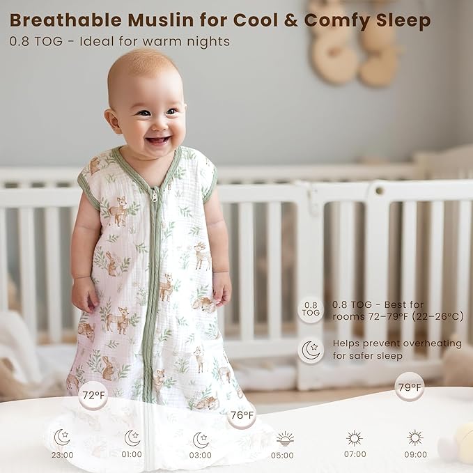 Konssy Muslin Baby Sleep Sack 0-6 Months 0.8 TOG, 2 Pack 100% Cotton Wearable Blanket for Babies, 2-Way Zipper Breathable Sleeping Sack Infant Toddler Essentials for Girls and Boys (Woodland,Sage)