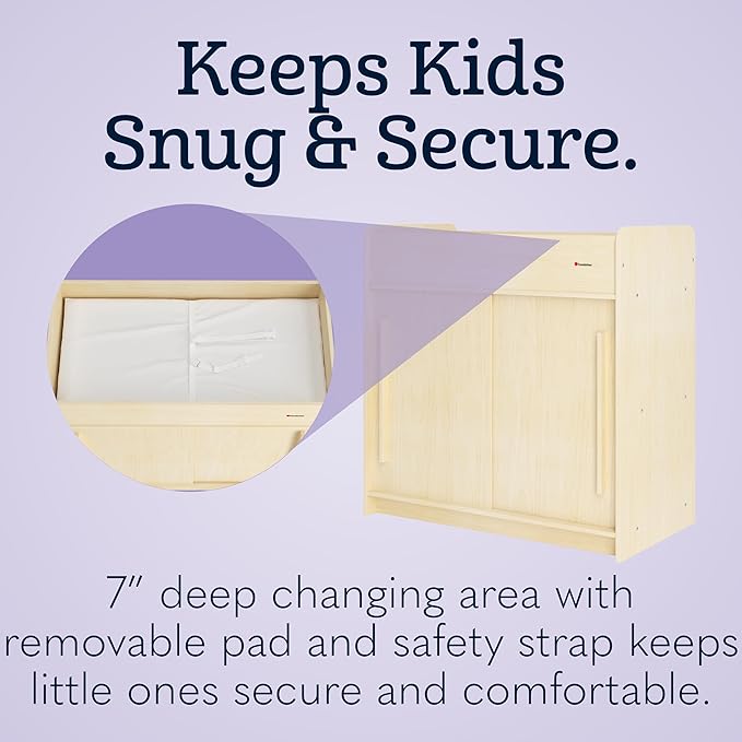 Foundations SafeGlide Daycare Changing Table, Durable Wood Construction, Built-in Shelving for Ample Storage, Gliding Doors, Adjustable Safety Strap, Includes Foam Mattress Pad (Natural)