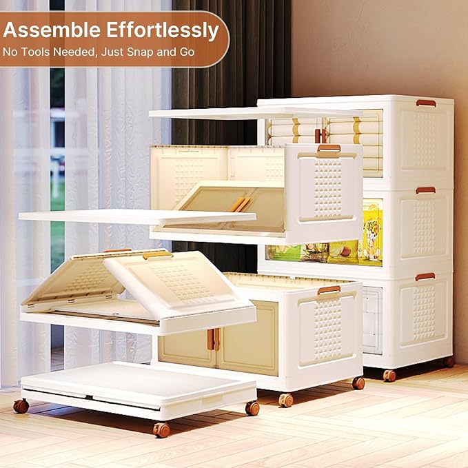 285Qt/70Gal Stackable Storage Bins with Lids and Divider, 3Pack Collapsible Drawers with Doors, Foldable Cabinet with Wheels, Plastic Closet Organizers Containers for Home, Dorm