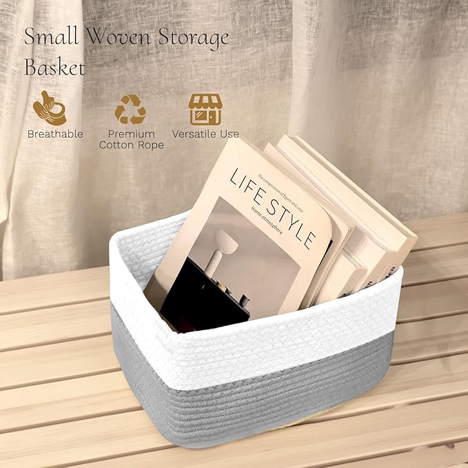Hopegiver 3 Pack Storage Baskets for Organizing with Handle, Woven Baskets for Shelves - Durable Gift Basket for Cloth Toys Books Baby, Cotton Rope Basket for Dog Cat, 11x8x7 Inch(White&Gray)