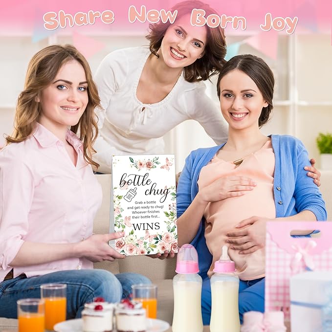 TrelaCo Cool Baby Shower Games Sets 12 Pcs Feeding Bottles with 1 Bottle Chug Sign for Gender Reveal Baby Shower Party Favors Decoration Games(Floral,Pink)