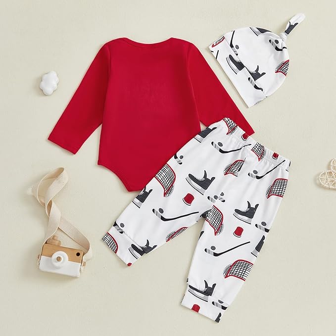 Baby Boy Hockey Outfit New Player in Town Long Sleeve Romper Long Pants Hat Set 3Pcs Newborn Fall Winter Clothes