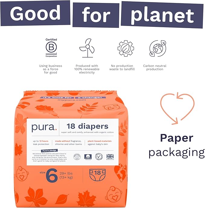 Pura Size 6 Eco-Friendly Diapers (29+ lbs) Totally Chlorine Free (TCF) Hypoallergenic, Soft Organic Cotton, Sustainable, up to 12 Hours Leak Protection, Allergy UK, 1 Packs of 18 Diapers
