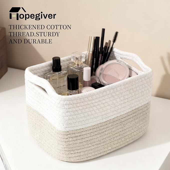 Hopegiver 3 Pack Storage Baskets for Organizing with Handle, Woven Baskets for Shelves - Durable Gift Basket for Cloth Toys Books Baby, Cotton Rope Basket for Dog Cat, 11x8x7 Inch(White&Khaki)