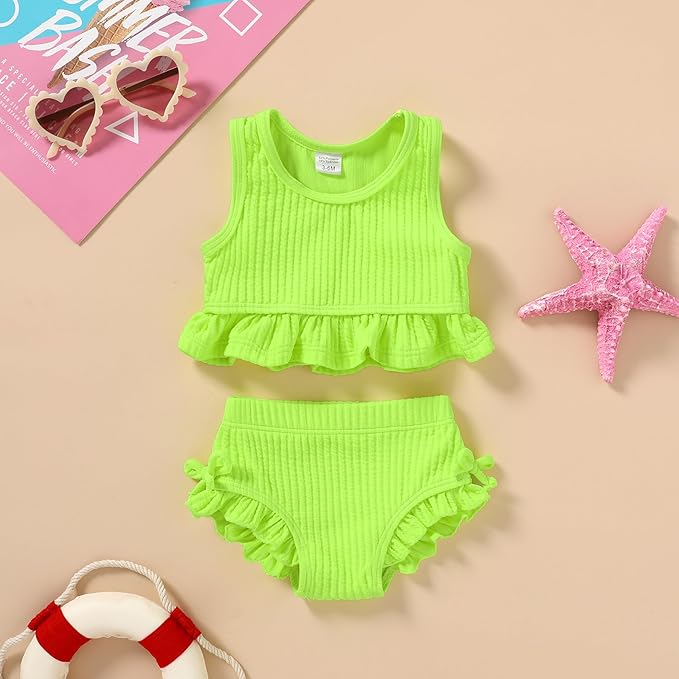 HAPPYMA Baby Swimsuit Toddler Girl Bathing Suit Summer Solid Color Bikini Set Beach Two Piece Swim Wear