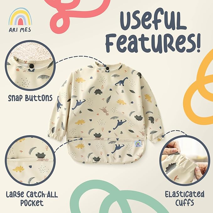 ARI MES Long Sleeves Waterproof Baby Bibs for Eating - Pink Stripes, Medium- Wearable, Coverall for Toddler, Long Sleeve Bib, Smock Apron for Feeding - Applicable for 6-72 Months