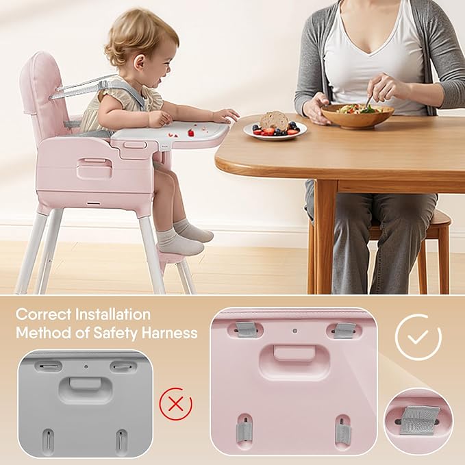 3-in-1 Portable Baby High Chair for Babies and Toddlers, Convertible Easy Clean Infant Foldable Highchair with Adjustable Legs & Dishwasher Safe Tray, Pink