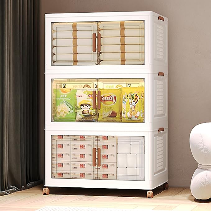 285Qt/70Gal Stackable Storage Bins with Lids and Divider, 3Pack Collapsible Drawers with Doors, Foldable Cabinet with Wheels, Plastic Closet Organizers Containers for Home, Dorm