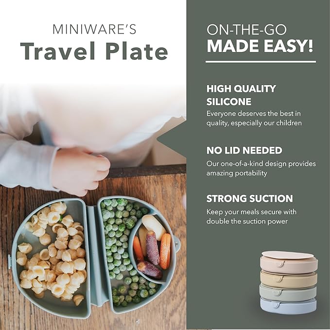Miniware Baby Travel Plate with Suction - Foldable Silicone Baby Travel Essential to Promote Self-Feeding - Dishwasher Safe, BPA Free, Silicone Baby Plate For On The Go - Aquamarine Silifold