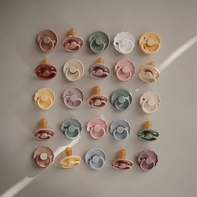 FRIGG Daisy Natural Rubber Baby Pacifier | Made in Denmark | BPA-Free (Chamomile/Peach Bronze, 6-18 Months) 2-Pack