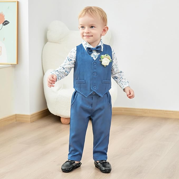 SANMIO Baby Boy Clothes Suits Infant Gentleman Outfit Collared Dress Shirt+Vest+Tie+Corsage+Pants 5Pcs Baby Suit Sets