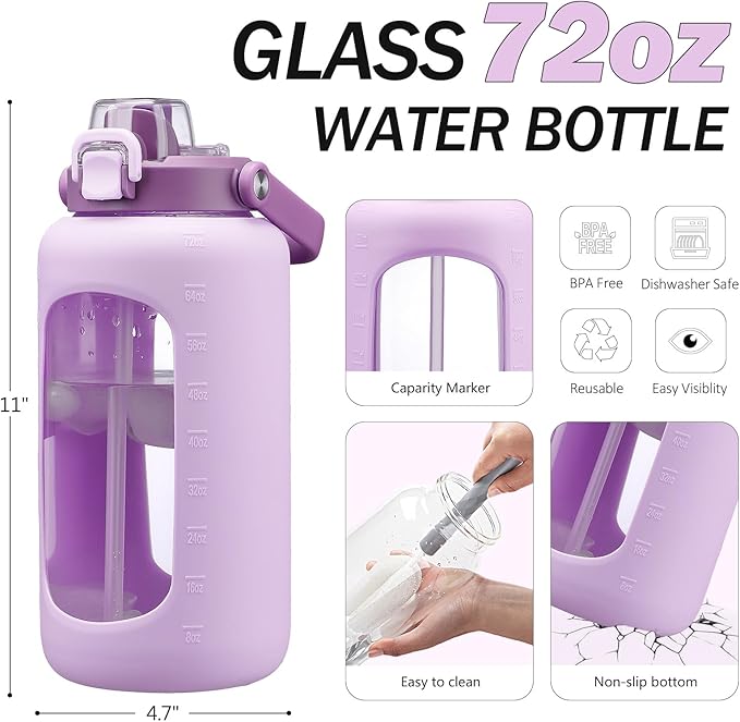 72oz Glass Water Bottle with 2-IN-1 Straw &Chug Lid, Large Motivational Glass Bottle with Capacity Marker and Silicone Sleeve, 2.1Liter Gallon Water Jug for Home, Sports, Gym, BPA Free-Light Purple
