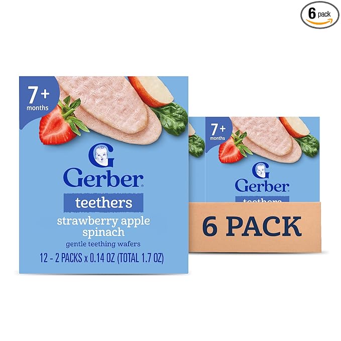 Gerber Teethers, Strawberry Apple Spinach Gentle Teething Wafers, Baby Teething Snacks, 6PK
